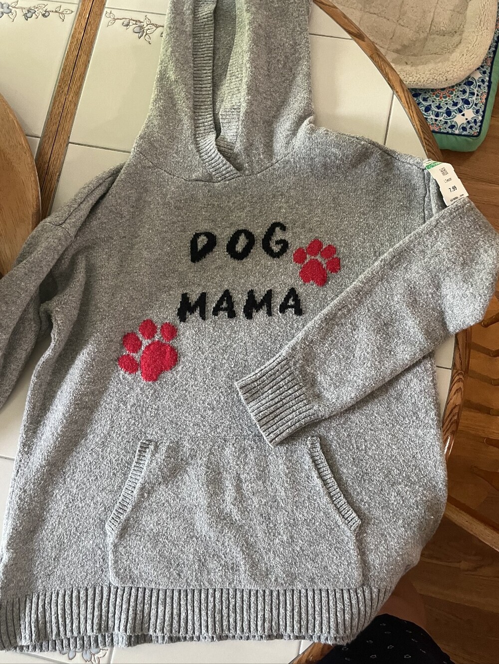 Dog Mama Gray Hoodie Sweater with Red ⁸Paw Prints